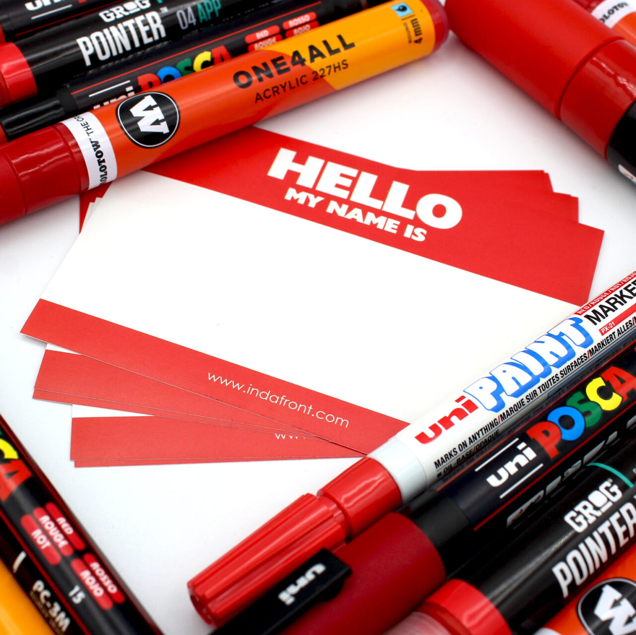 Indafront Red Hello My Name is stickers with red posca, molotow, grog and unipaint markers