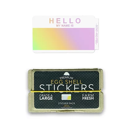 Egg Shell Stickers Hello My Name is Hologram with an eggshell sticker box below it