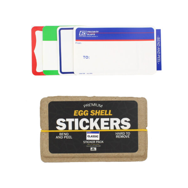 Egg Shell Stickers Classic Mix containing stickers Blue Line Border, Hello My Name is Green, Red Wavy Border and Priority Slaps