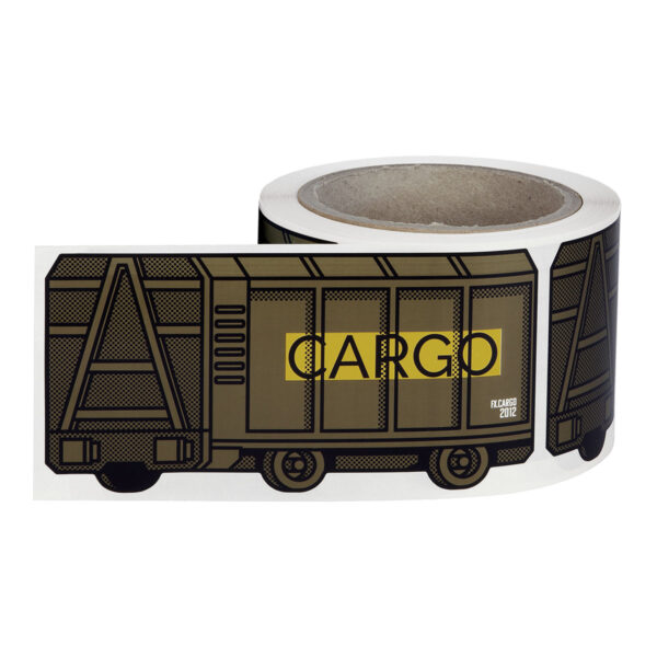 A roll of FLUX System Stickers picturing a brown freight train car Cargo