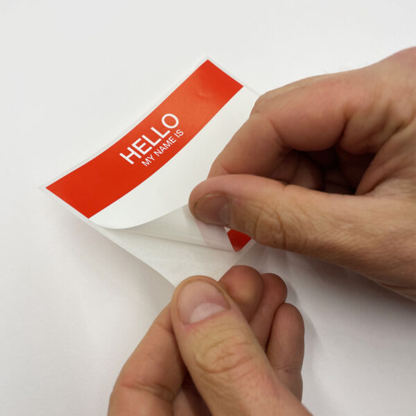 Flux eggshell hello my name is Red sticker peel off pic