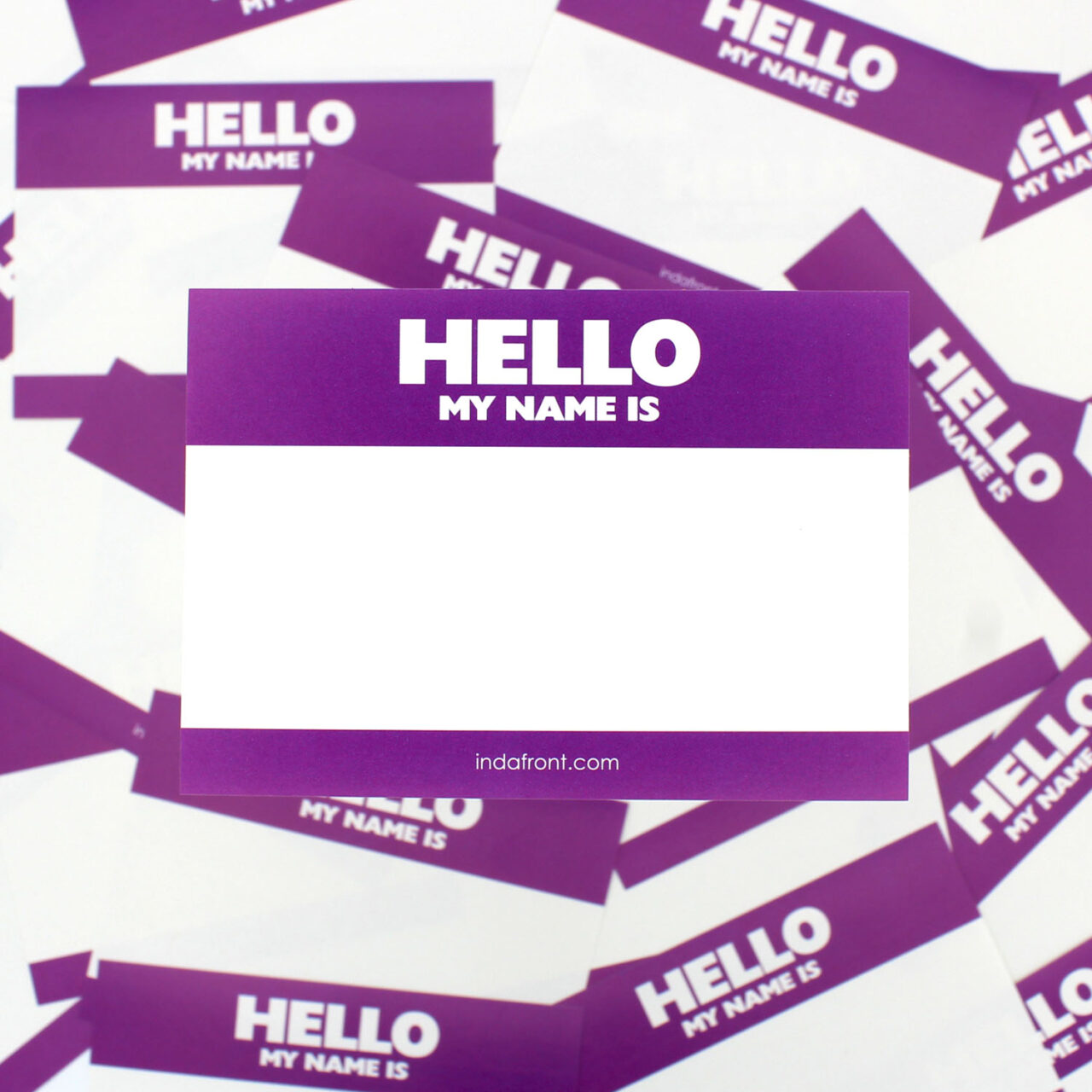 Indafront Hello My Name is Purple stickers zoomed in from above