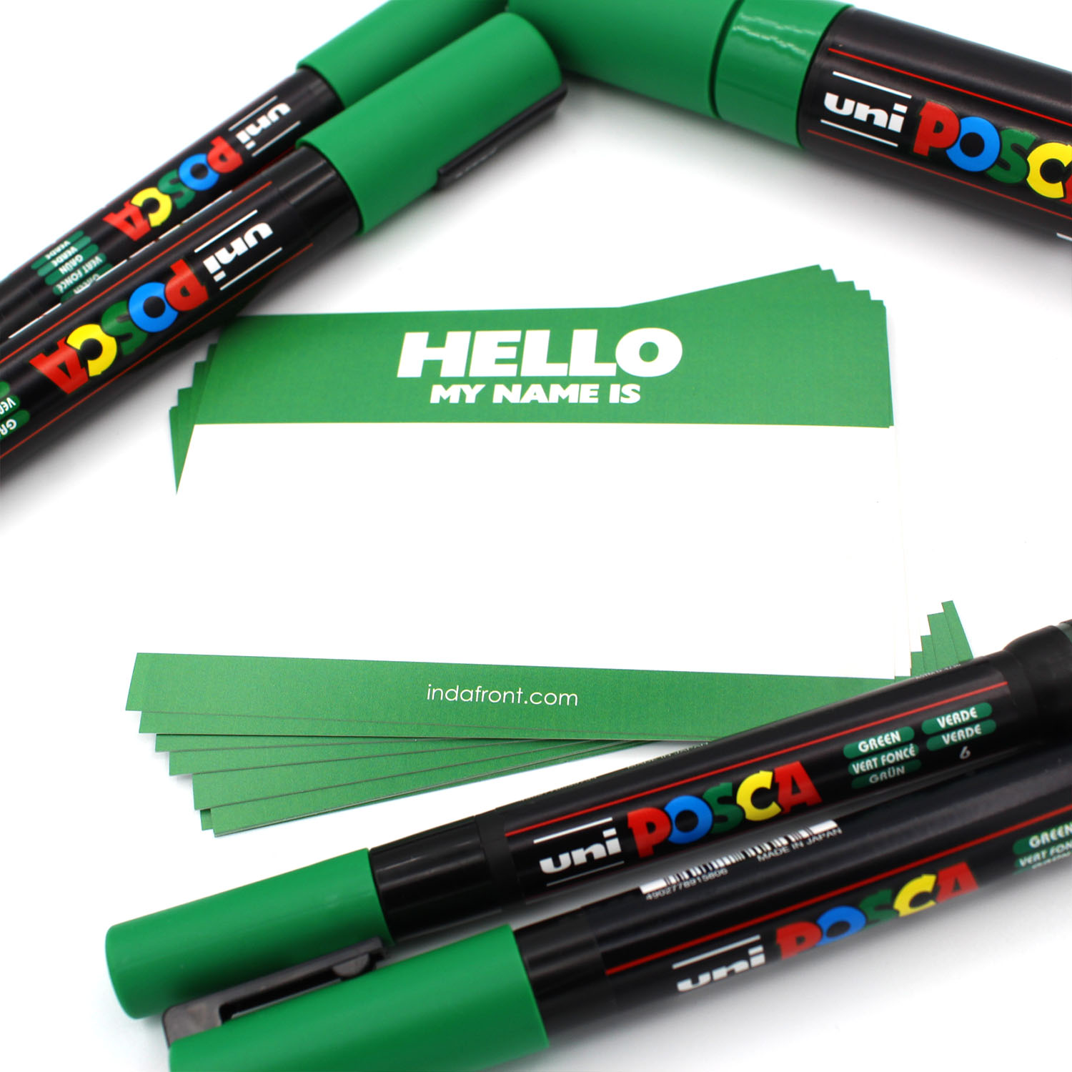 Indafront Hello My Name is Green stickers with green Posca markers