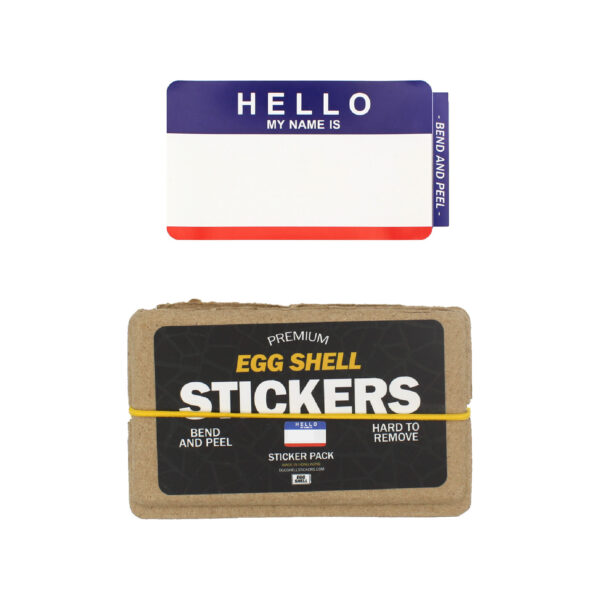 Hello My Name is Blue/Red Egg Shell Sticker with an eggshell box