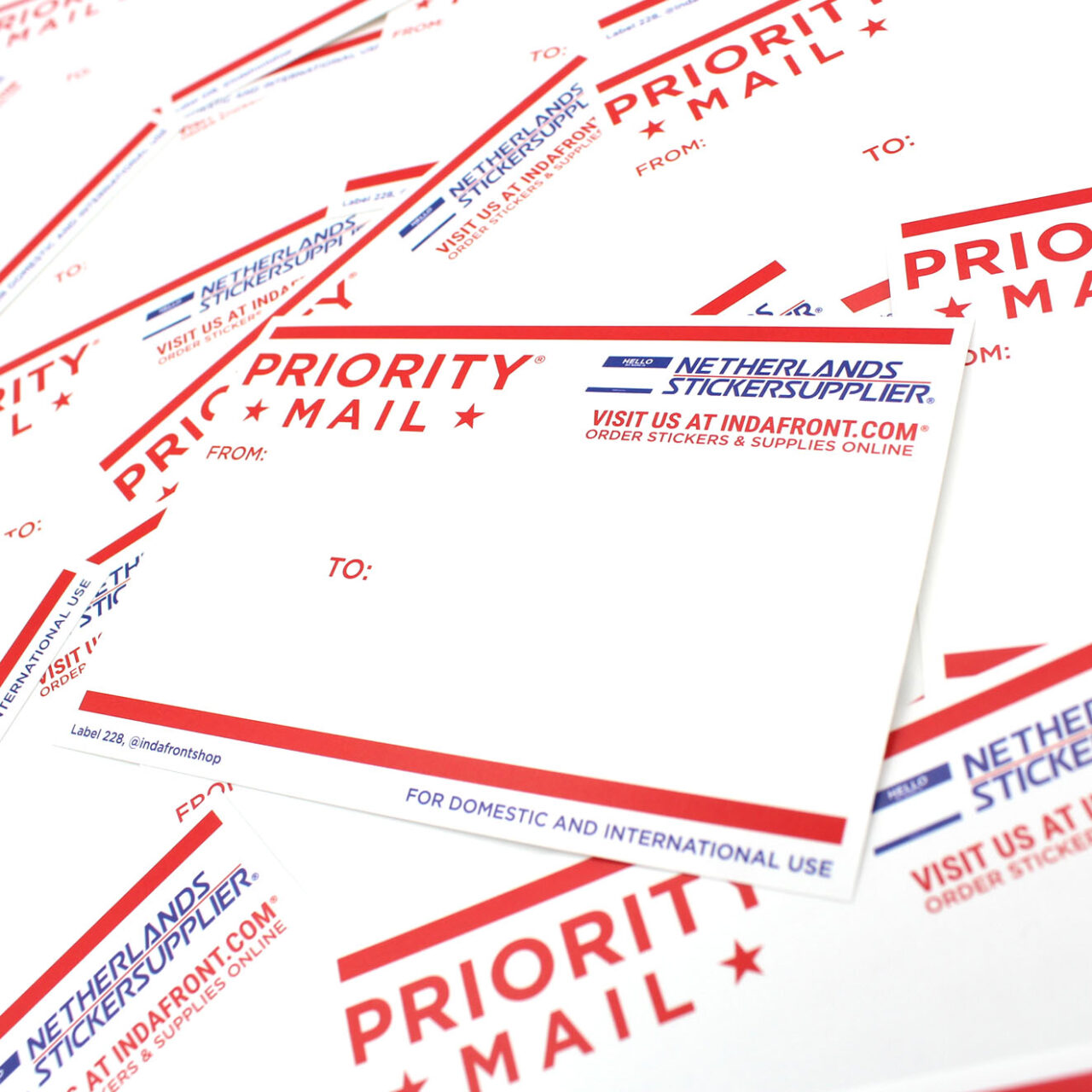 Indafront Priority Mail Stickers from the side zoomed in