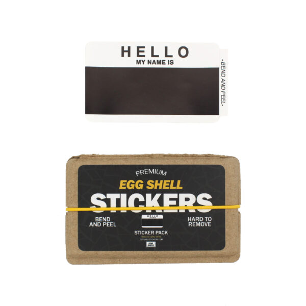 Egg Shell Stickers Hello My Name is Black with an eggshell sticker box below it