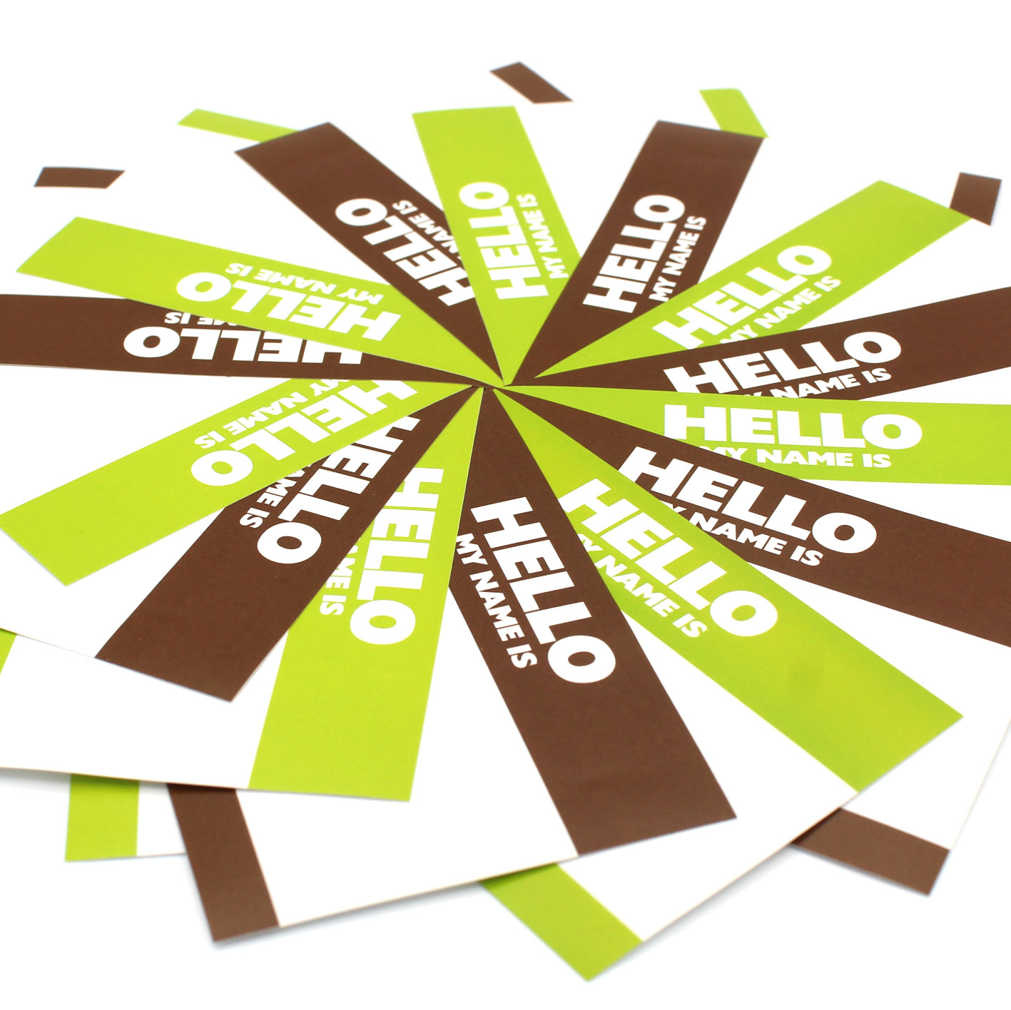 Hello My Name is Brown and Light Green stickers in a circle