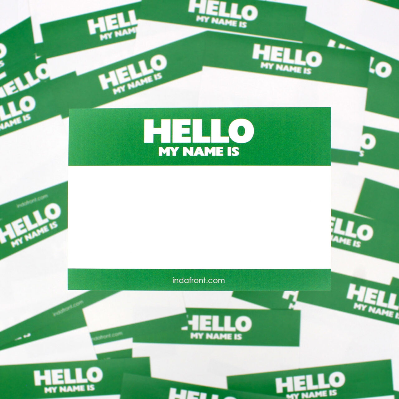 A bunch of Indafront Hello My Name is Green stickers