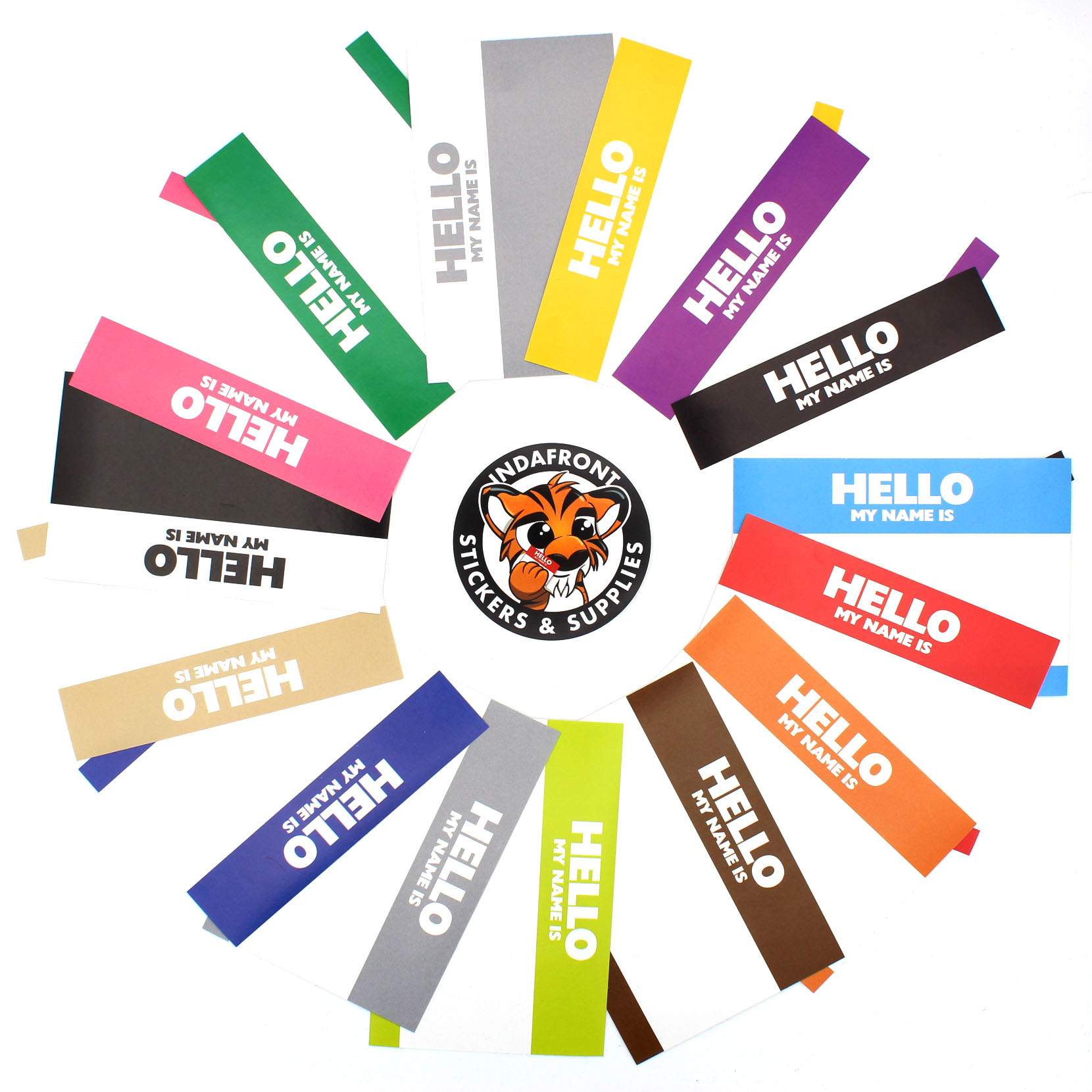 All Indafront Hello My Name is 16 color stickers in a circle