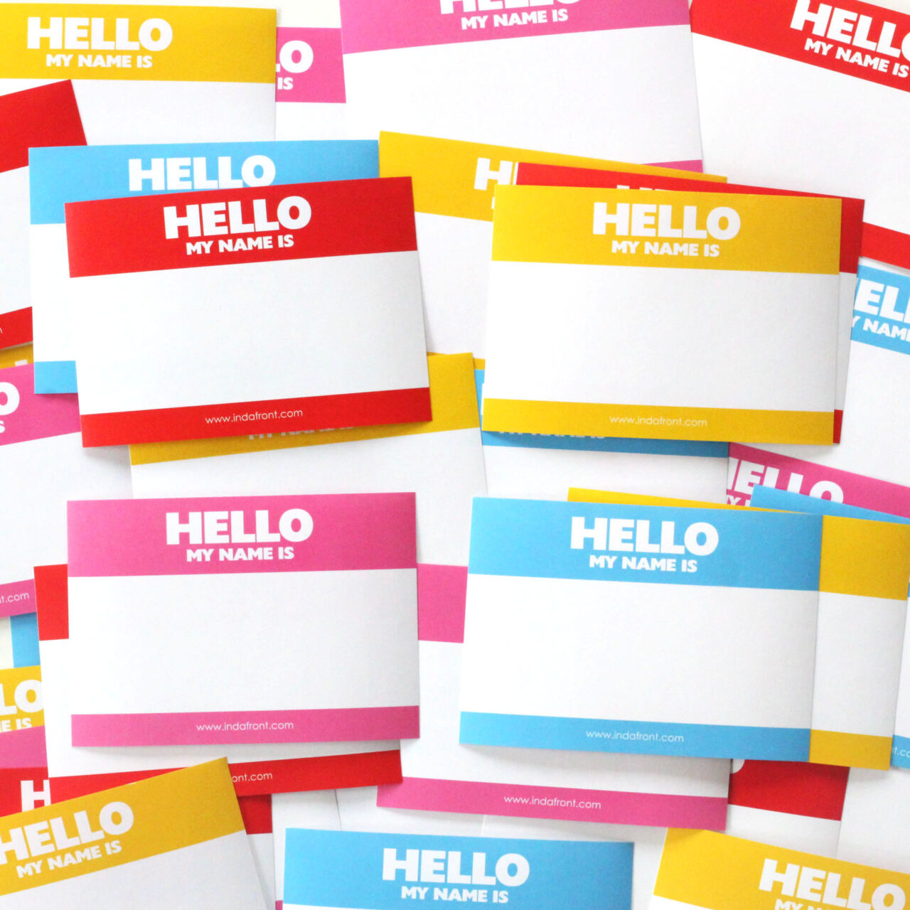 Indafront Hello My Name is stickers light blue, red, yellow and pink