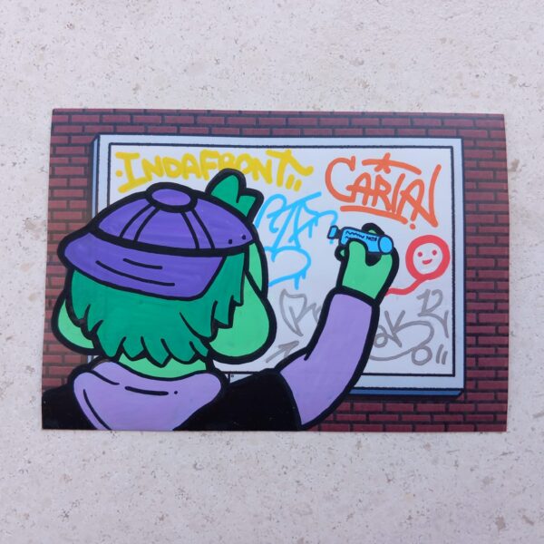 Amazing graffiti drawing of a cartoon character tagging on Brick Wall blank sticker by artist Viro