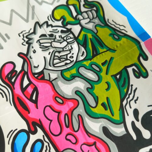 Artist Viro drawing on a combination of Indafront Wavy Border stickers light blue, pink, green and black