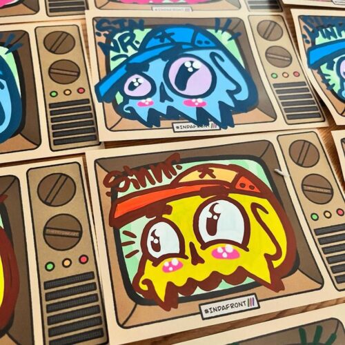 Graffiti art of artist Sinnr on Indafront TV Portal stickers