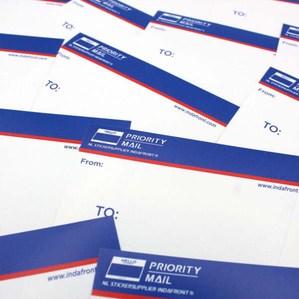 A bunch of Indafront Priority Mail Blue Top Stickers