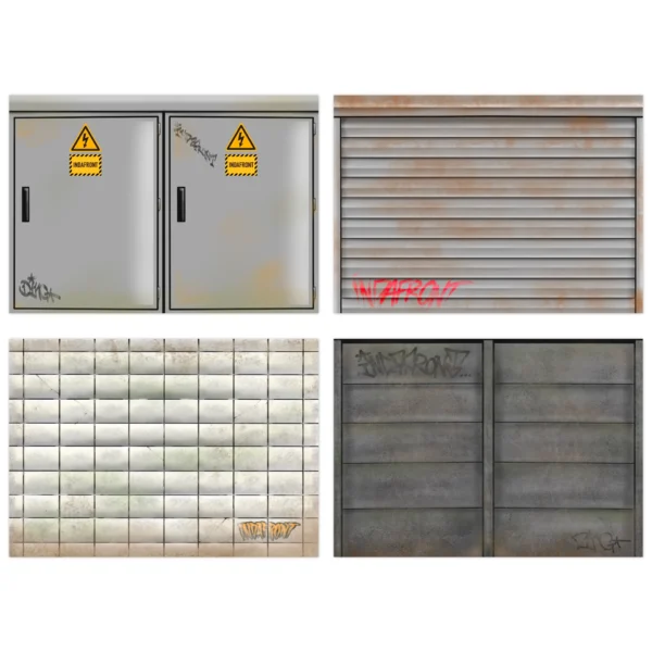 Ding Sticker Spots Mix Pack including Concrete Fence, Tile Wall, Roller Door, Electricity Box graffiti stickers made by artist Ding
