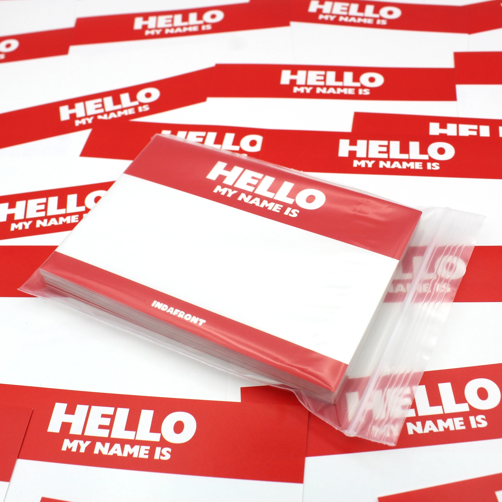 Indafront Hello My Name is Red graffiti stickers in a pack close up look
